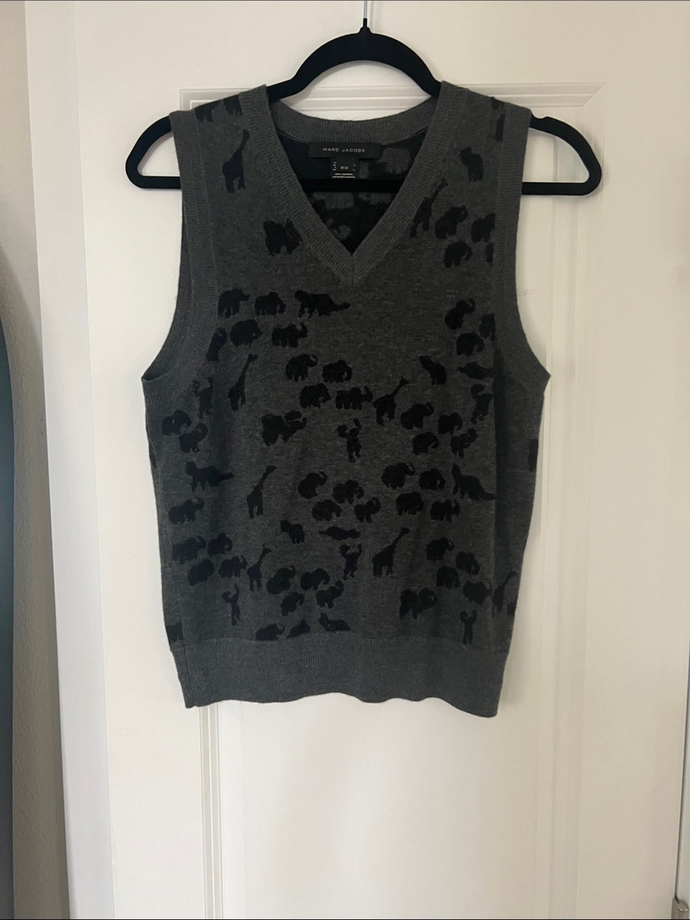 Marc Jacobs Charcoal Gray V-Neck Sleeveless Sweater Vest with Black Animal Print